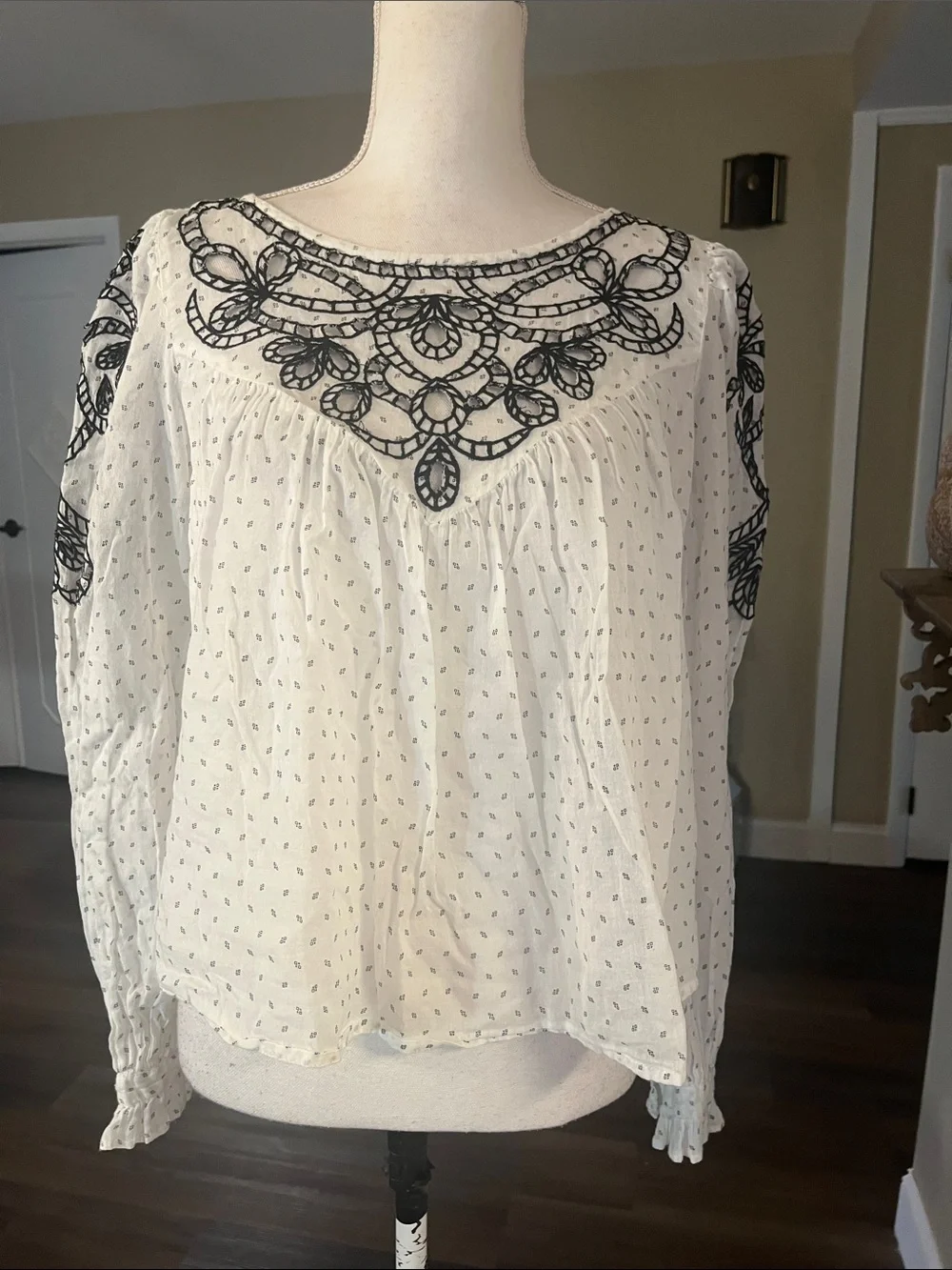 Free People White Blouse with Black Embroidered Yoke